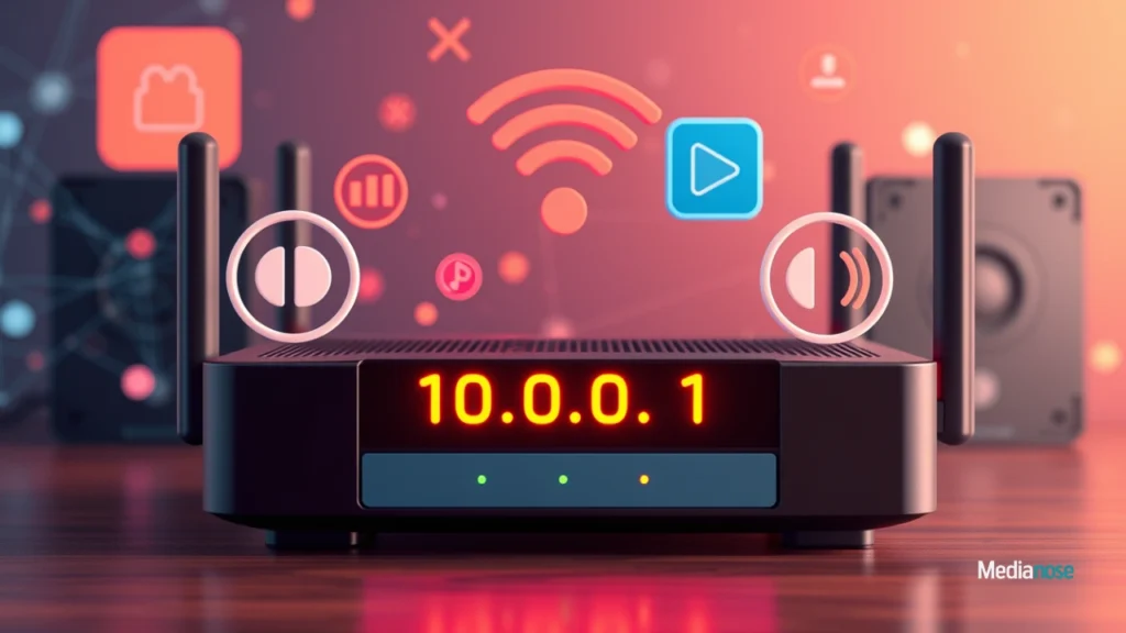 digital network management showing a router with the ip 10.0.0.1 and pauseplay icons