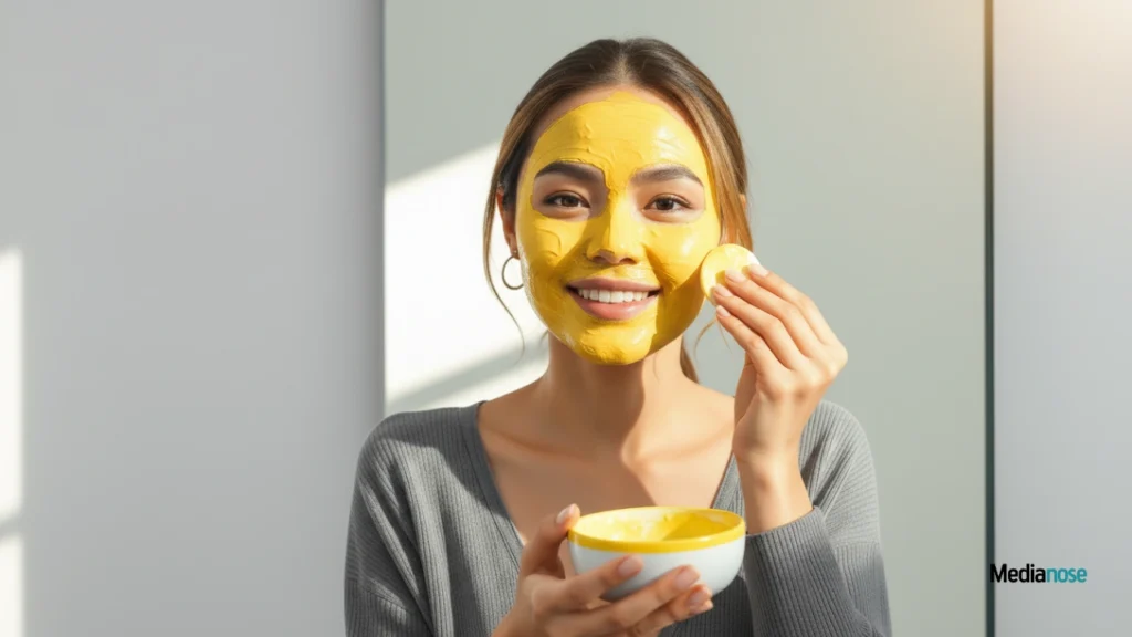 glowing woman gently applying natural wellhealthorganic.com lemon juice on her face