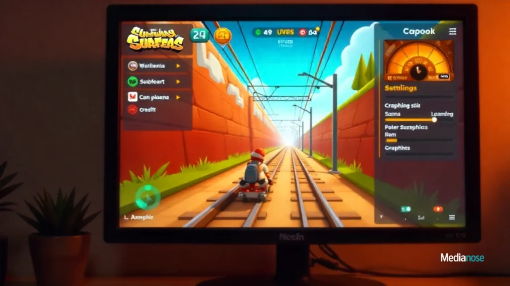 pc screen running subway surfers with settings menu open showing graphics adjustments