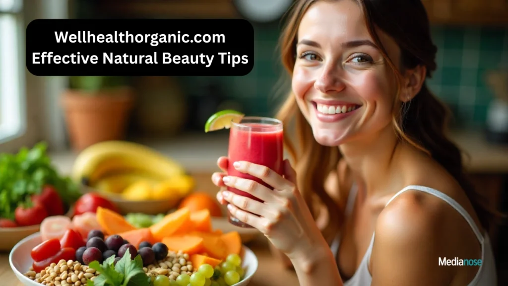wellhealthorganic.com beauty tips smiling woman holding a smoothie, illustrating natural beauty