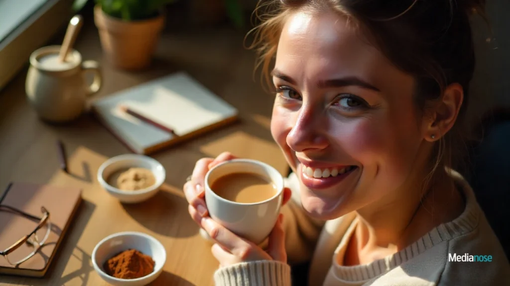 wellhealthorganic.com person holding a mug of coffee with a smile
