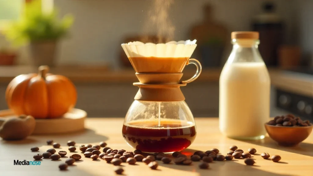 wellhealthorganic.com pour-over coffee setup with hot water being poured, paper filter