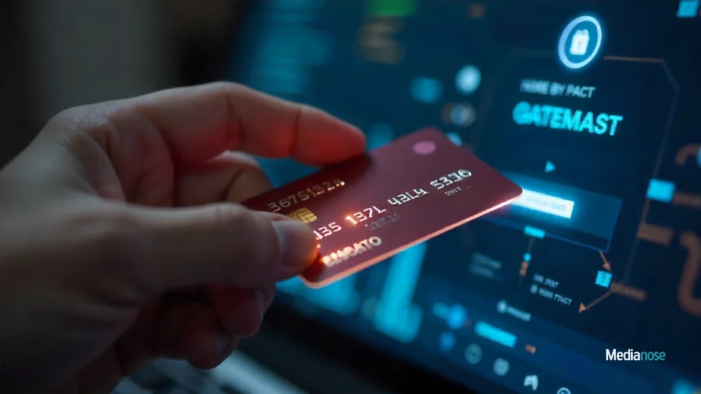 buy ezocards hand holding a glowing virtual credit card in front of a secure payment gateway