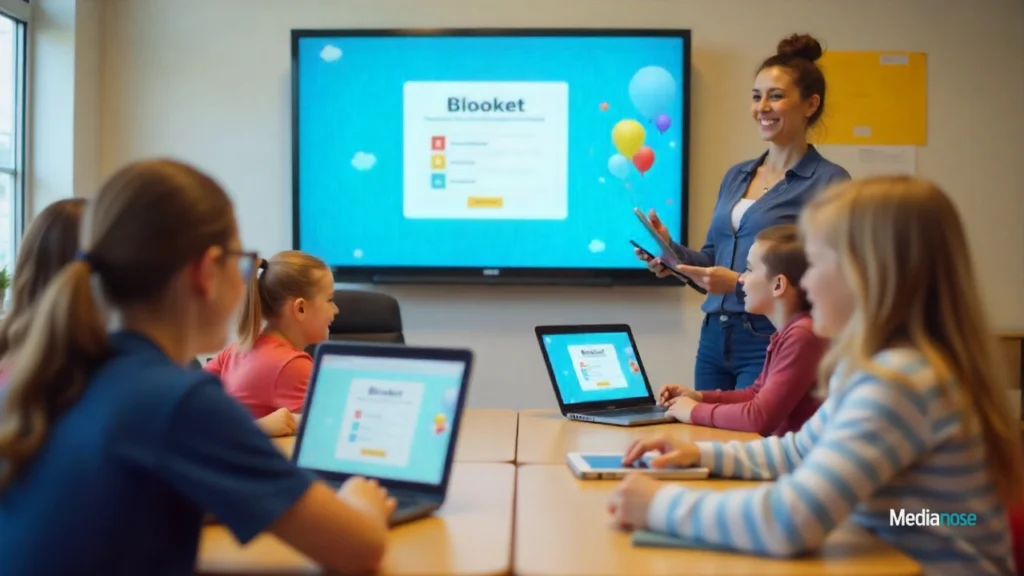 classroom scene with students using laptops and tablets for blooket login