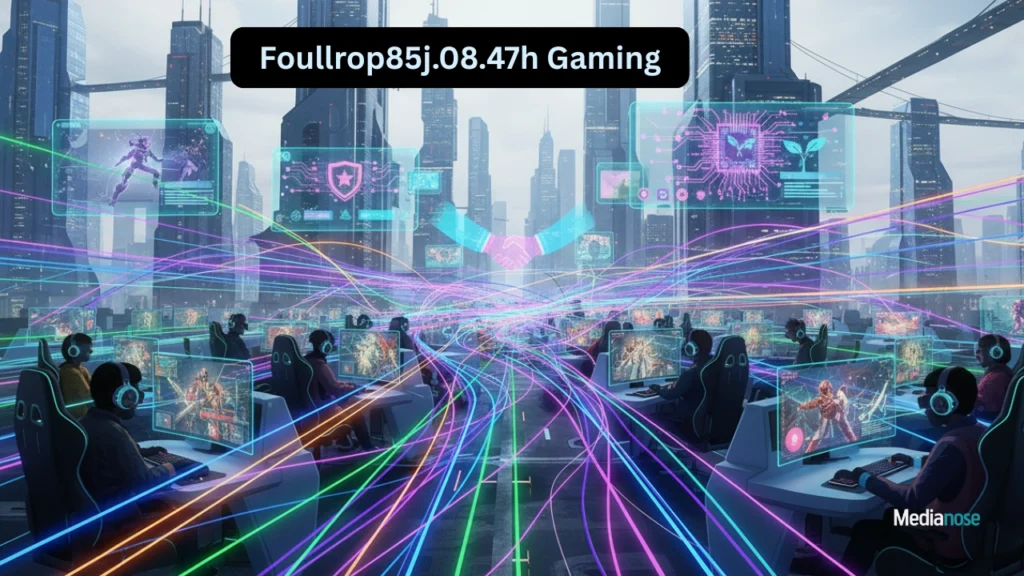foullrop85j.08.47h gaming scene showing gamers from around the world connected by glowing digital lines