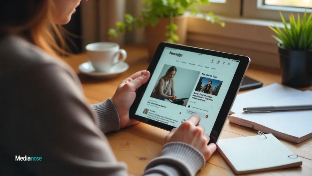 newsgiga-com-reader-engaging-with-news-on-a-tablet-at-a-cozy-home-desk