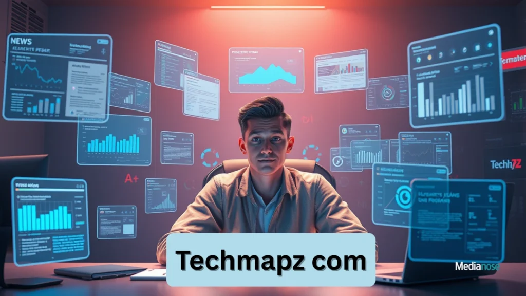 techmapz com floating holographic tabs showing articles, charts, and news updates