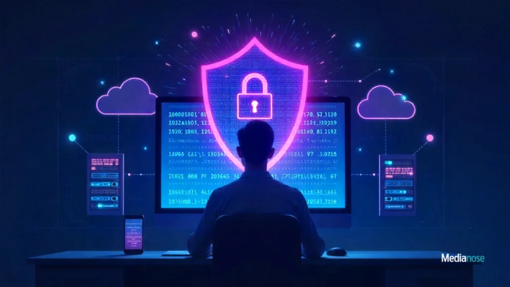 techmapz com glowing digital shield protecting data servers and cloud icons