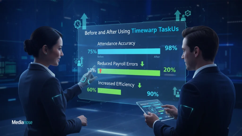 timewarp-taskus-digital-wall-display-reviewing-team-performance-reports-generated