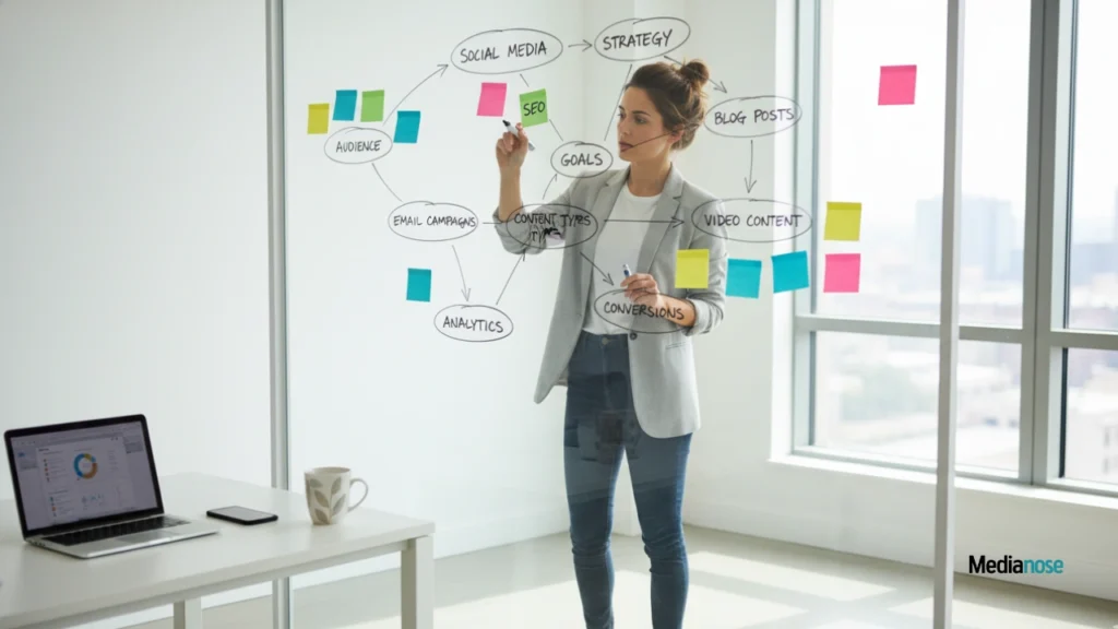 blogangle org digital marketer planning a content strategy on a glass board