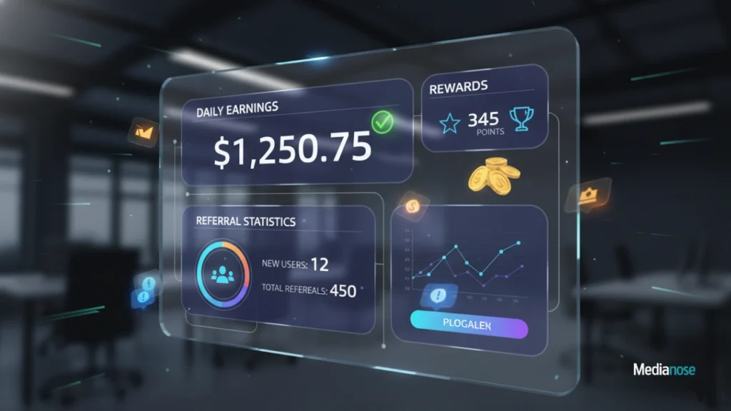 earnkarado com digital dashboard displaying daily earnings, rewards, and referral statistics