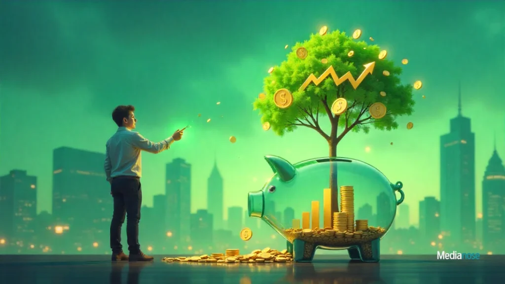 financecub com young man dropping coins into a transparent piggy bank