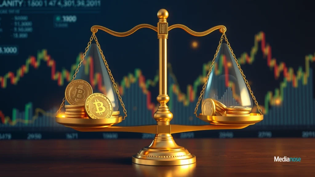 ftasiastock crypto balanced scale with gold coins and cryptocurrency tokens