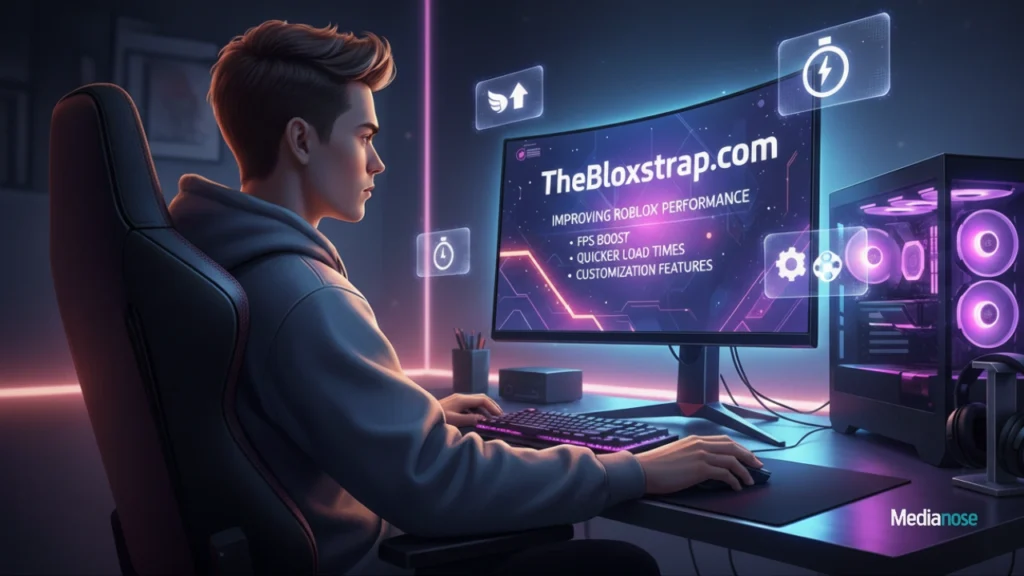 gamer sitting at a pc while the screen shows thebloxstrap.com