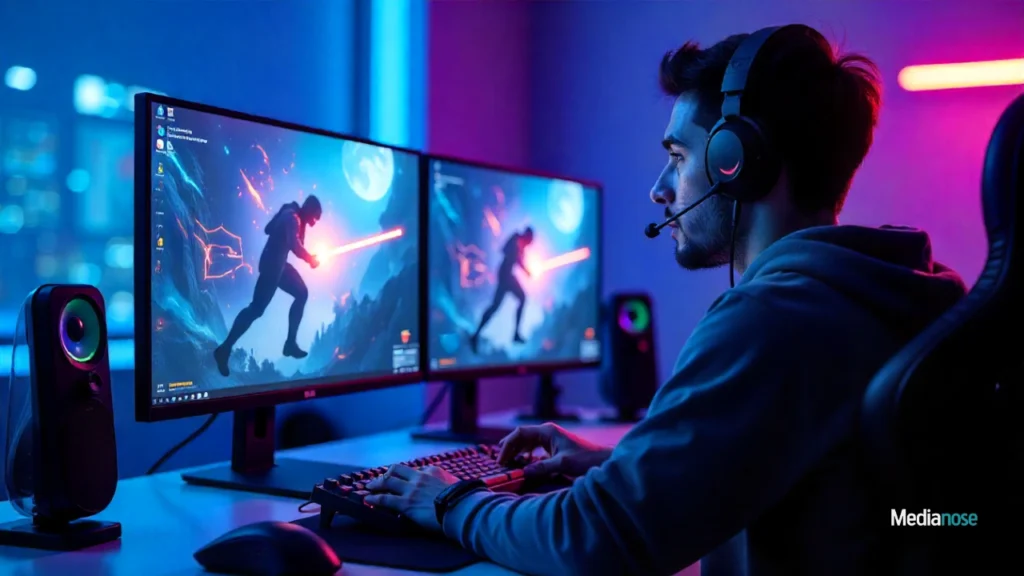 henof.com gaming gaming setup with dual monitors displaying intense gameplay