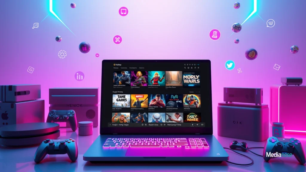 henof.com gaming on a sleek laptop surrounded by game cases
