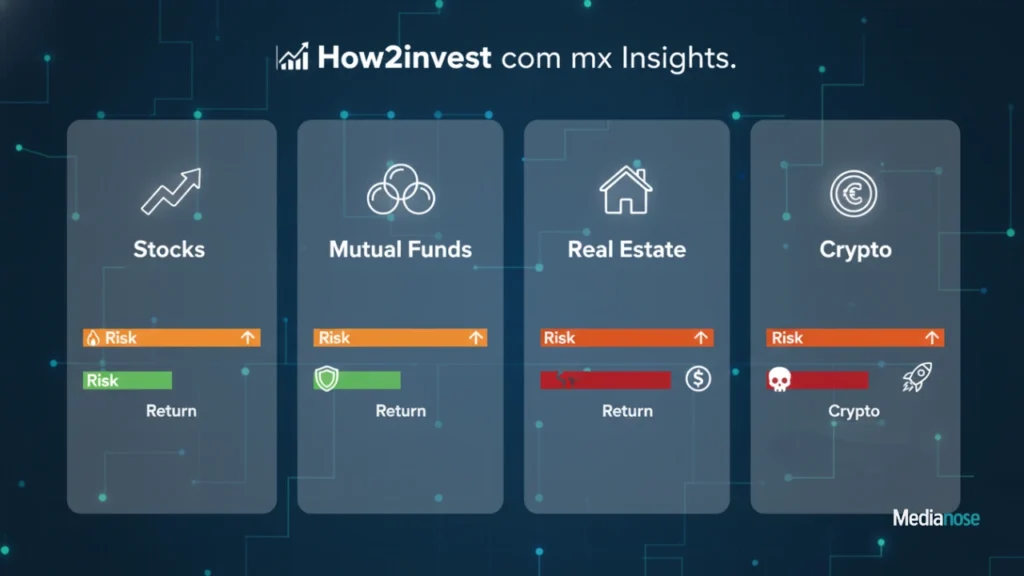 how2invest com mx comparison chart with various investment types stocks, mutual funds, real estate, and crypto