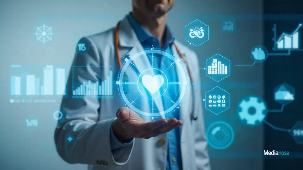 iofbodies .com central person with interactive holograms, charts and graphs