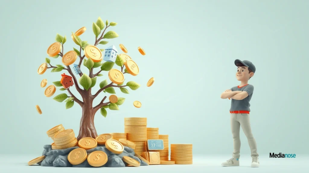 make1m.com growing money tree with golden coins and investment icons