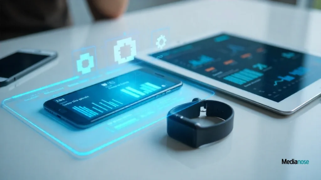 mytecharm com flat-lay of two smartphones, a smartwatch, and a tablet placed on a clean table