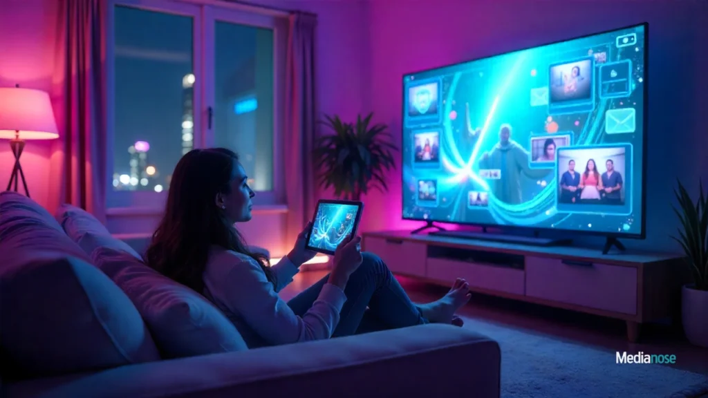 nice1010 fun person holding a tablet, watching and interacting with the holographic bubbles