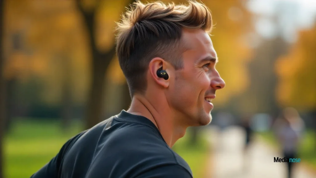 person wearing thespark shop batman style wireless bluetooth earbuds while jogging