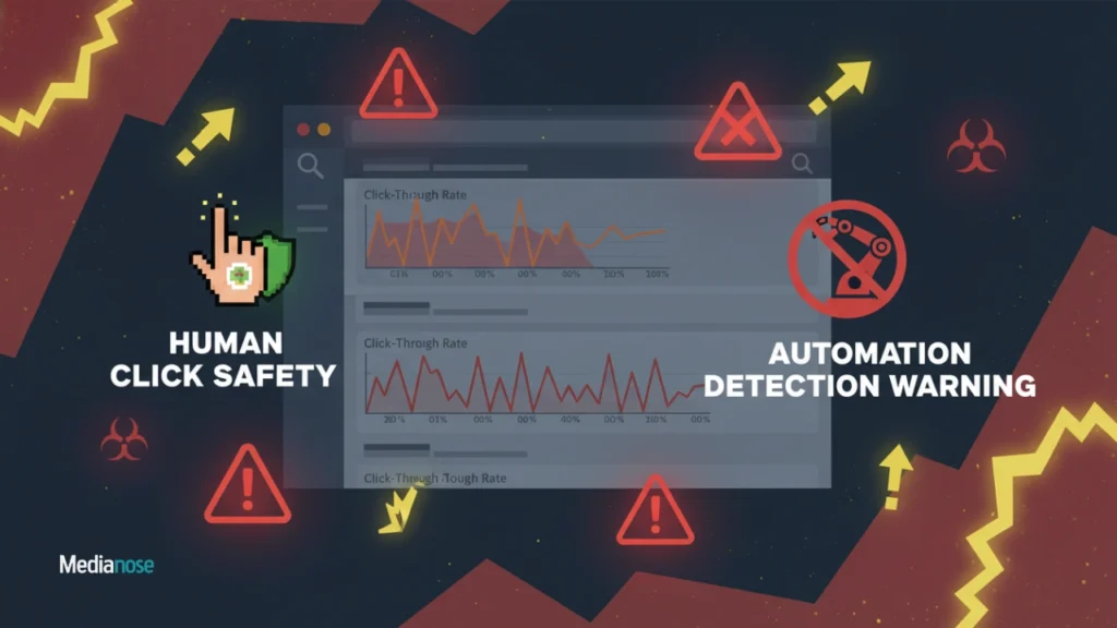 serpclix vs clickseo.io illustration showing seo risks with warning icons