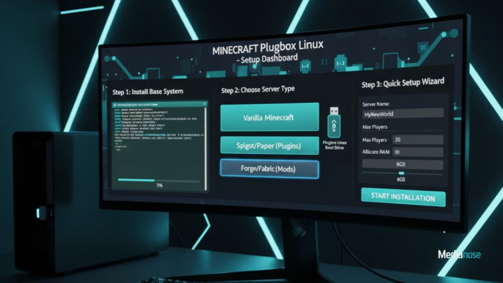 step-by-step setup dashboard for minecraft plugboxlinux displayed on a computer