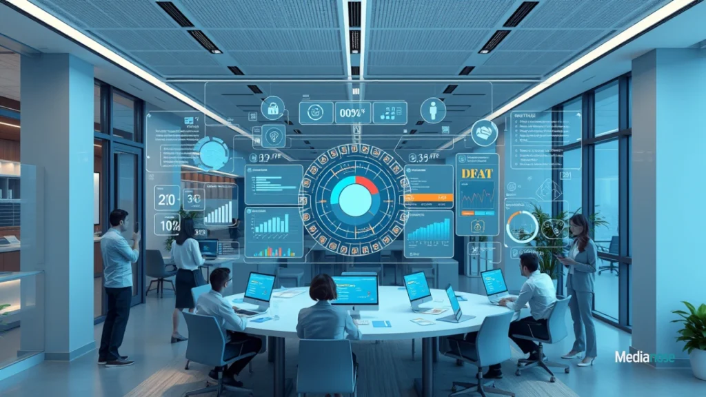 tanzohub modern office with a central digital hub displaying workflow dashboards and analytics