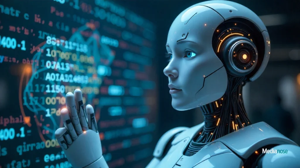 techehla com humanoid ai robot interacting with floating digital data, neural networks