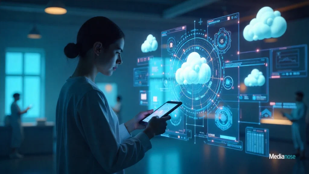 technofee com person browsing technology news on a futuristic tablet with glowing ui