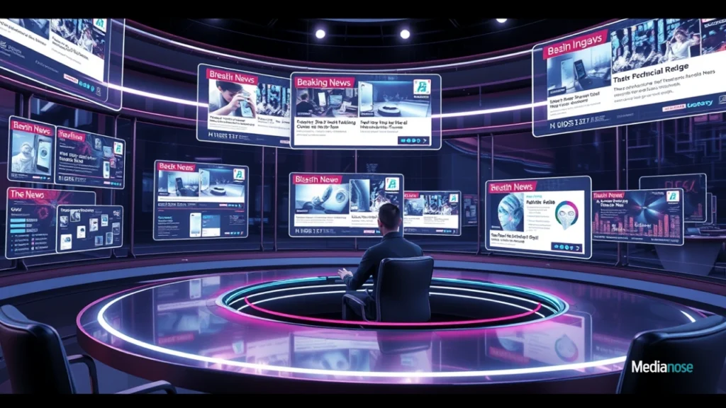 techtvhub com digital newsroom filled with floating holographic screens showing breaking tech news