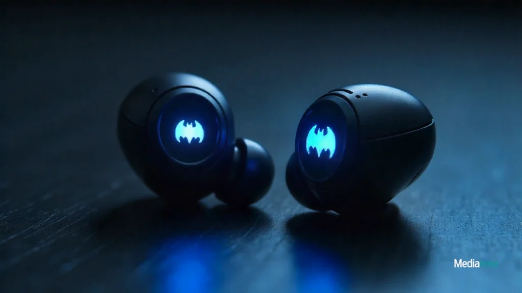 thespark shop batman style wireless bluetooth earbuds placed on a sleek metallic surface
