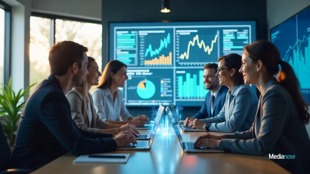 ziimp com a professionals collaborating in a modern office environment using digital tools