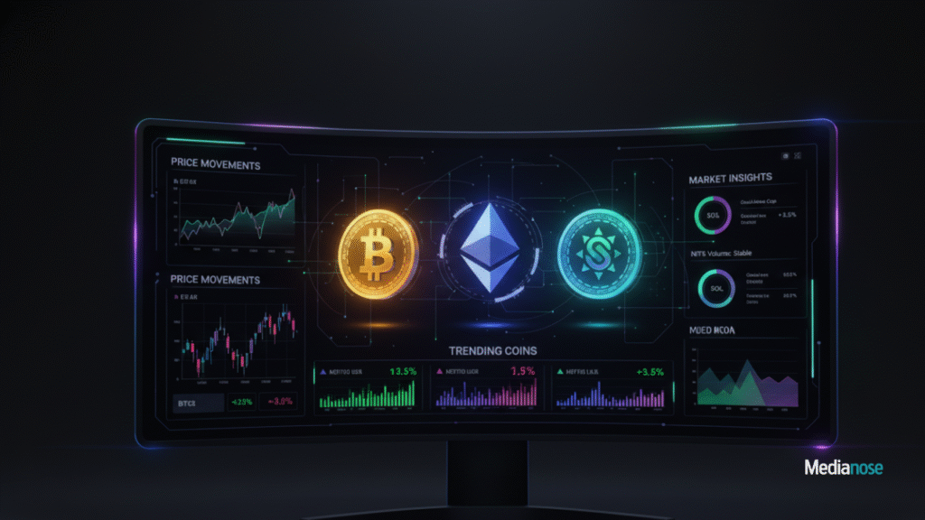 crypticstreet .com glowing crypto dashboard stretches across a dark futuristic screen