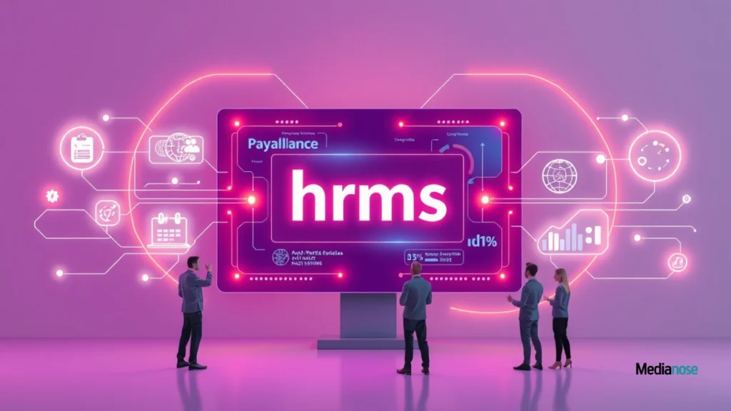 hrms globex hr automation with flowing lines connecting payroll