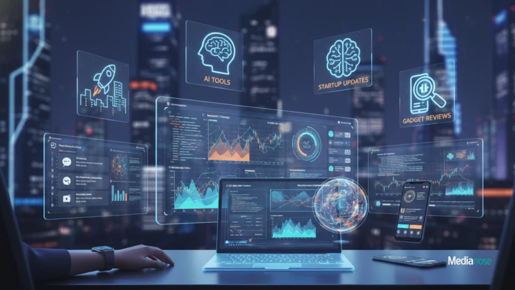 insightfulmagazine com futuristic tech workspace with gadgets like laptops