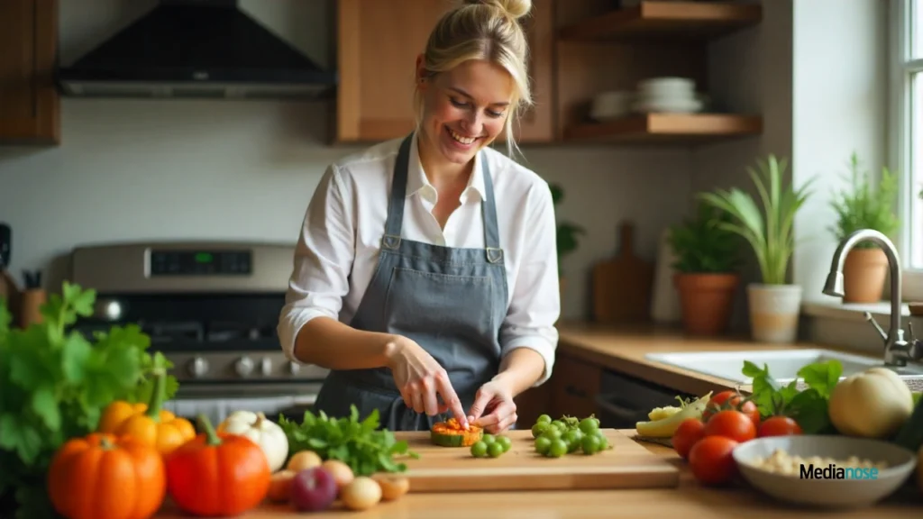 myliberla.com food person joyfully preparing a wholesome meal in a contemporary kitchen