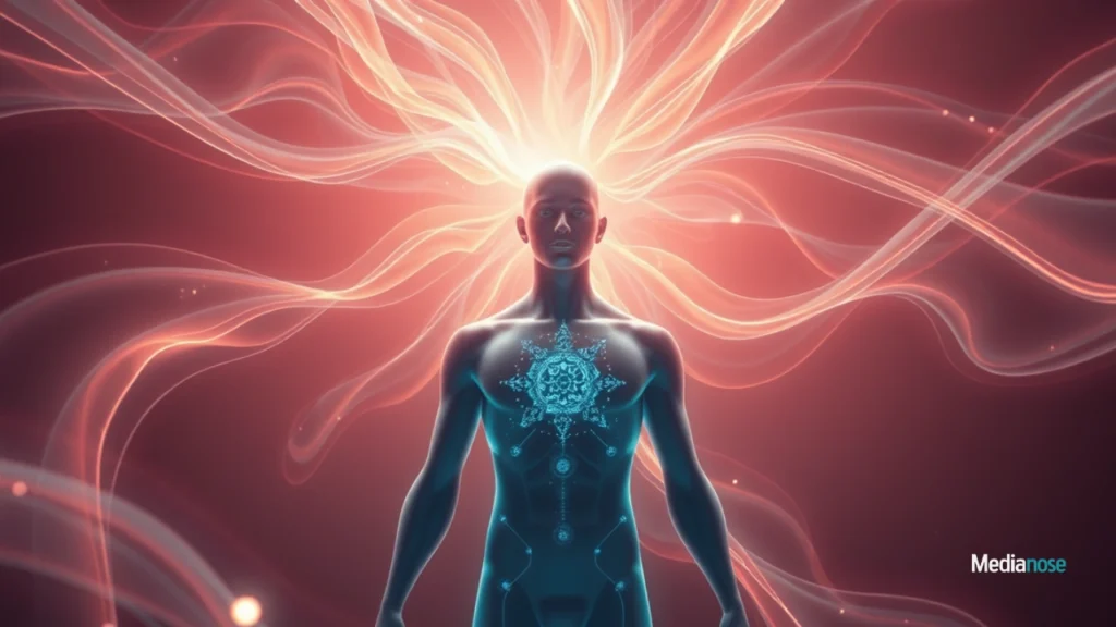 orgasamtrix human figure with soft glowing lines connecting the brain and heart