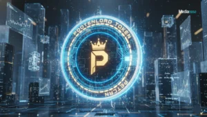 pootenlord digital coin glowing with neon blue and gold accents