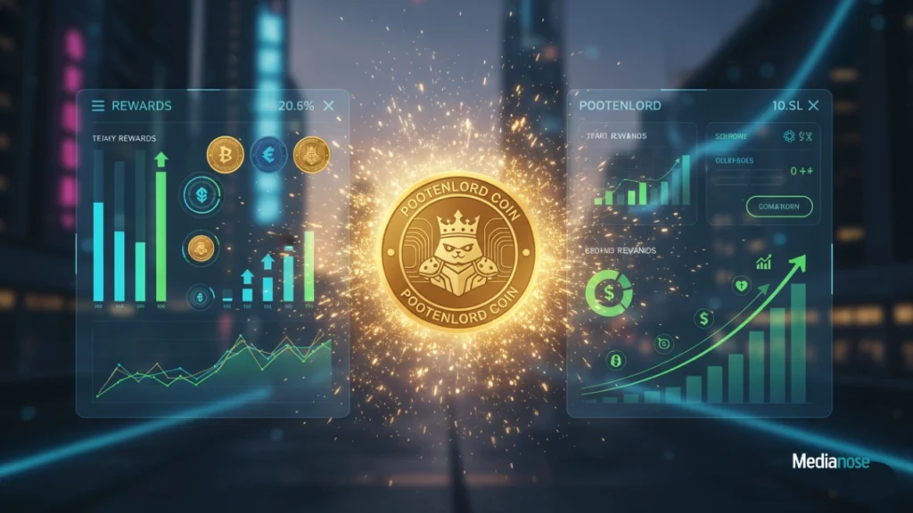 pootenlord digital earnings dashboard showcasing rising reward bars, tokens,