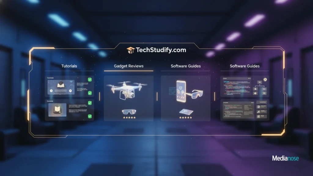 techstudify.com digital dashboard showing tutorials, gadget reviews, and software guides