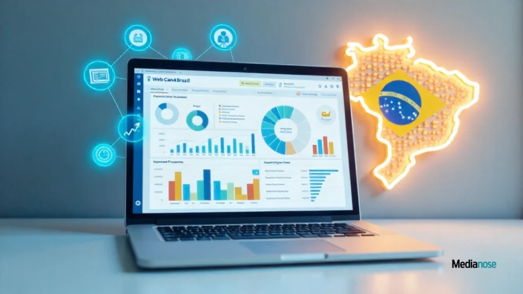 web can4brazil laptop screen displaying a dashboard with charts, insights