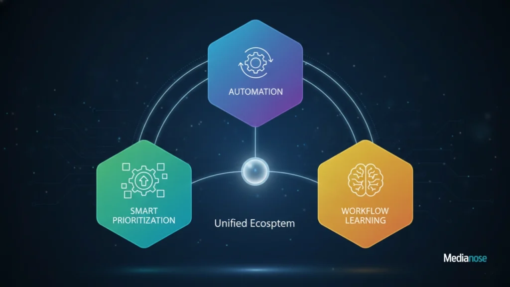 winqizmorzqux product floating panels representing automation, smart prioritization, and workflow learning